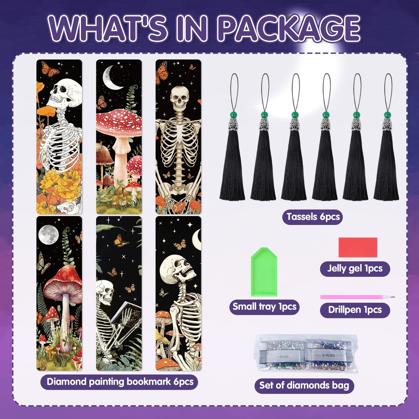 Sitsink Skull Diamond Art Bookmarks - 6 Pcs Halloween Gothic Diamond Painting Bookmarks Flower Mushroom Buttrefly DIY Gem Art Rhinestone Craft Kit for Adult Women Halloween Day of The Dead