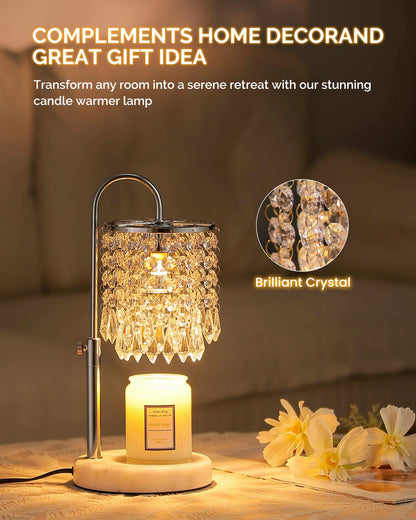 Candle Warmer Lamp with Timer Dimmer and 3 Bulbs, Candle Lamp Warmer with Marble Base for Adjustable Height, Crystal Candle Lamp for Jar Candles, House Warming Gifts Home Room Decor, Silver