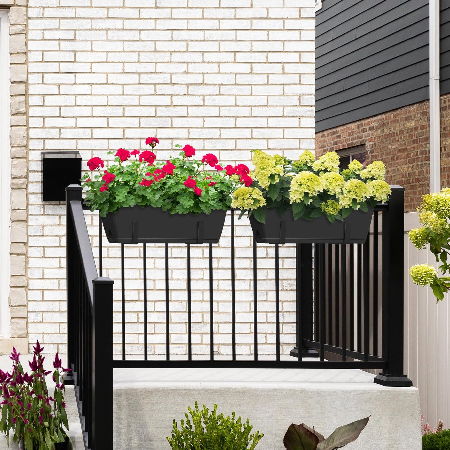 CADUKE Railing Planter Boxes 2 Pack 17 Inch Window Boxes Black Rectangle Railing Flower Box with Adjustable Bracket Window Deck Hanging Planters Boxes for Outdoor Patio