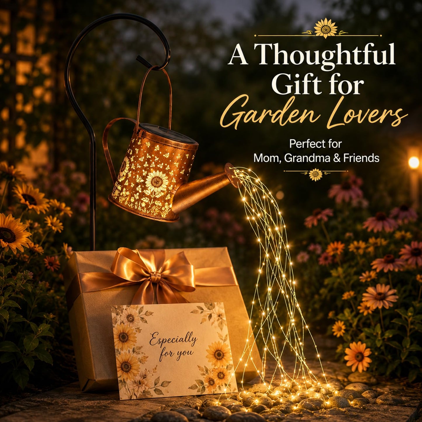 Solar Watering Can Light, Solar Powered Hanging Lantern Landscape Lights, Decorative Garden for Yard Waterproof Garden Decor, Gifts for Mom, Grandma（Sunflower + Bee）
