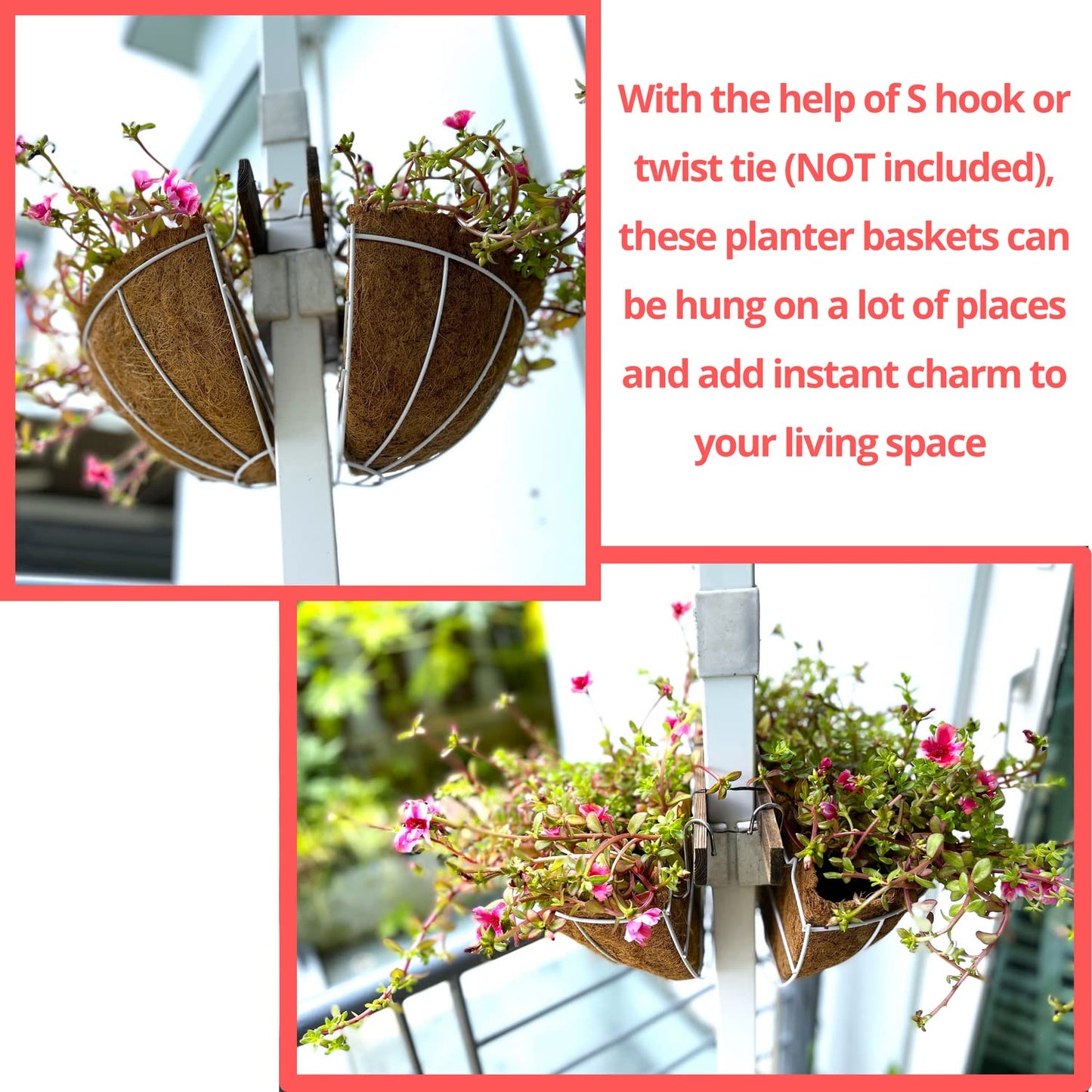 LaLaGreen Bundle (2 Pack, 10 Inch + 2 Pack, 12 Inch) Small Hanging Flower Pots with Coco Liner, White Metal Wire Round Plant Holder with Hook Chain, Wall Mounted Basket Fence Railing Deck Porch Patio