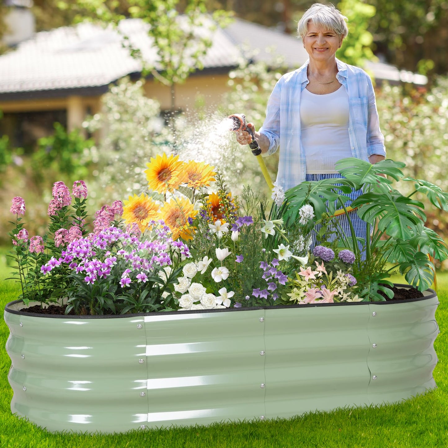 BIRDSINYARD Galvanized Raised Garden Bed - 4×2×1ft (2 Packs) Planter Raised Beds for Gardening | Oval Metal Garden Planter Box with Safety Edging and Gloves for Vegetables Fruits Flower - AvocadoGreen