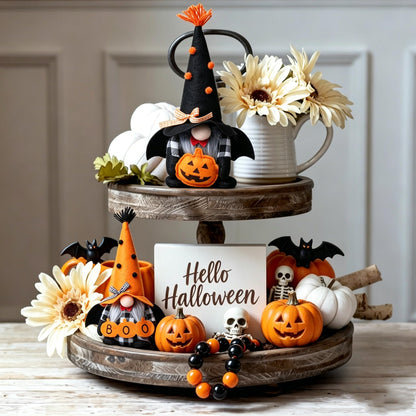 Ni-JASW Halloween Plush Gnomes Set of 2, Spooky Orange Black Bats Boo Swedish Tomte Elf Figurines Tiered Tray Decor
