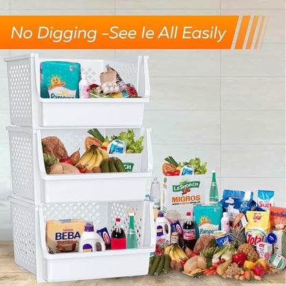 XLarge Stackable Storage Bins Open Front for Pantry Storage, 6 Pack - White | Sturdy Plastic, Easy Stacking, Open Front Access, Ventilated Sides, Vertical & Space Saving Pantry Organizers and Storage Bin