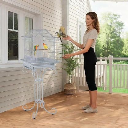58" Vintage Scrolled Bird Cage - Heavy-Duty Metal with Rust-Resistant Coating, Parrot Cage with Slide-Out Tray, Stand, Perch & Bowls, Victorian Bird Aviary for Cockatiel, Parakeet, Finch & Lovebird