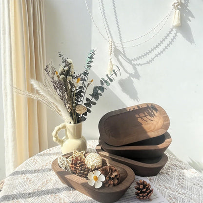 cachiv 4 Pack Dough Bowl for Candle, Wooden Decorative Bowls Paulownia Rustic Hand Carved Wooden Bowls for Candle Making Key Living Room 10"x6"x2" Brown