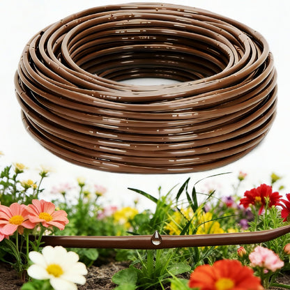 1/4" Drip Irrigation Tubing with 6" Emitter Spacing, (100 Ft Roll) Hydroponics Dripline with Built-in 0.5 GPH Dripper, Drip Line for Landscape Irrigation, Tree Watering and Greenhouses (Brown)
