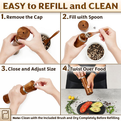 Salt and Pepper Acacia Wood Grinder Set with Wooden Holder Tray - 60 g / 2 oz each - Tall Modern Mill Shakers - Manual Refillable Mills for Peppercorn, Fancy Himalayan Salt + Spices - by PJC-Kitchen