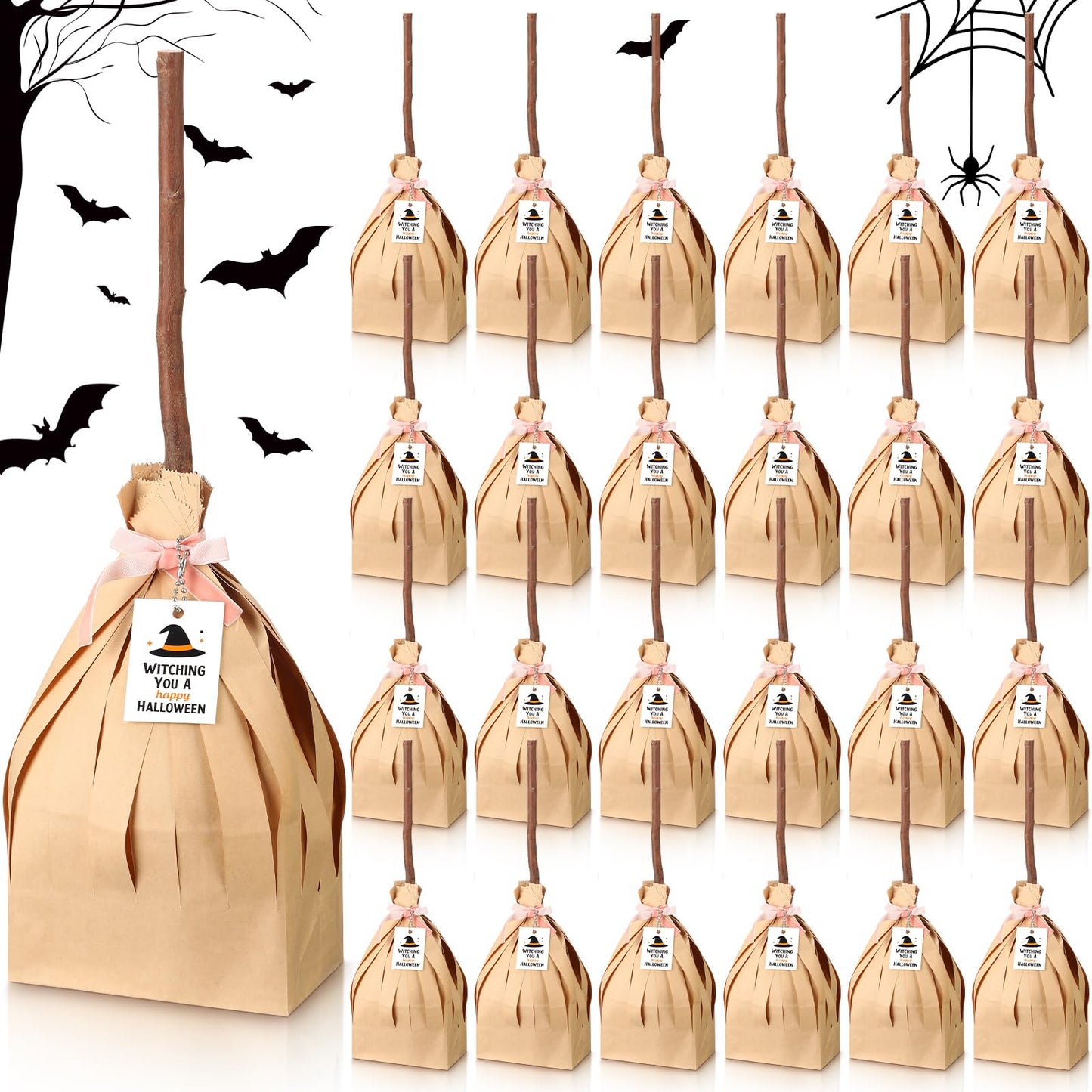 Geyoga 96 Pcs 25" Halloween Treat Bags Large Witch Broom Candy Kraft Paper Bag Set (No Need to Crop) with Pink Cable Tie, Gift Card and Real Dry Branches for Halloween Trick or Treat Party Supplies