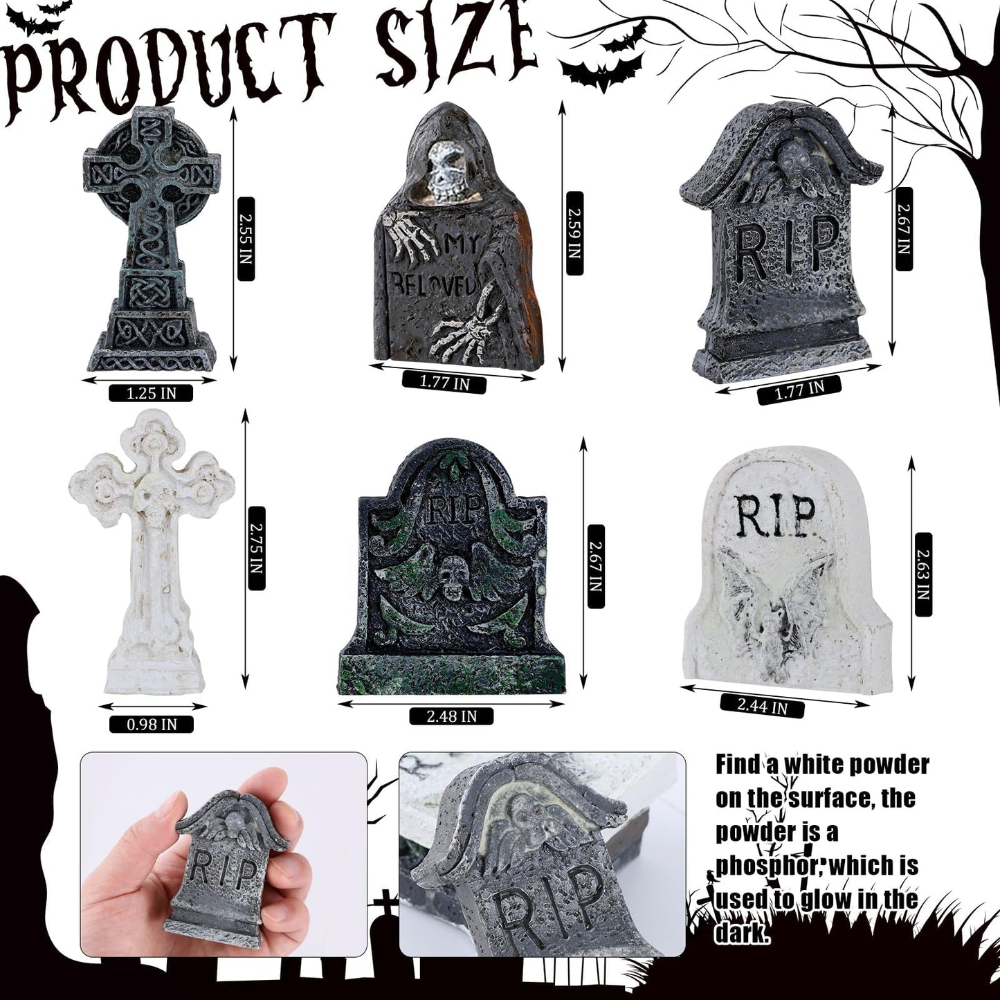 6 Pcs Fluorescent Halloween Miniature Tombstones Mini Village Accessories Resin Halloween Figurines Glow in The Dark Tombstones Ornaments for Fish Tank Cake Decor Landscape DIY Crafts