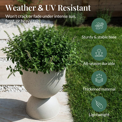 KOL Planters Flower Pots, Plastic Urn Planters for Indoor Outdoor Plants, Beige Pedestal Planter Pots 2 Pack, 15 Inch Tall Decorative Planters with Drainage Holes & Plugs for Front Porch Patio Garden