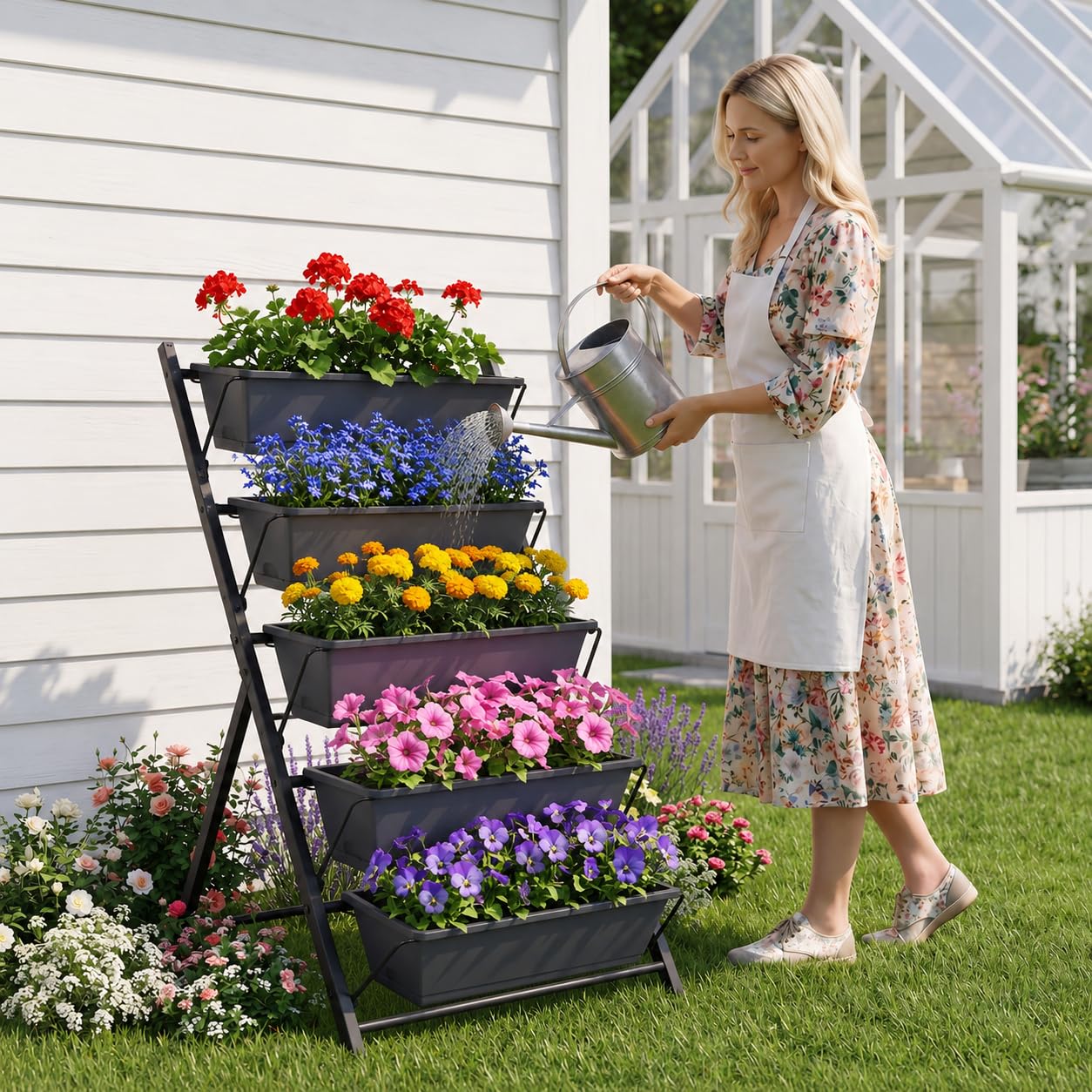 Giantex 5-Tier Vertical Garden Planter, Raised Garden Bed w/Drainage System & Removable Tray, Metal Frame Elevated Planter Boxes for Herb Vegetable Flower Grow, Outdoor Indoor Patio Balcony Backyard