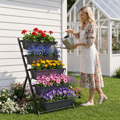 Giantex 5-Tier Vertical Garden Planter, Raised Garden Bed w/Drainage System & Removable Tray, Metal Frame Elevated Planter Boxes for Herb Vegetable Flower Grow, Outdoor Indoor Patio Balcony Backyard