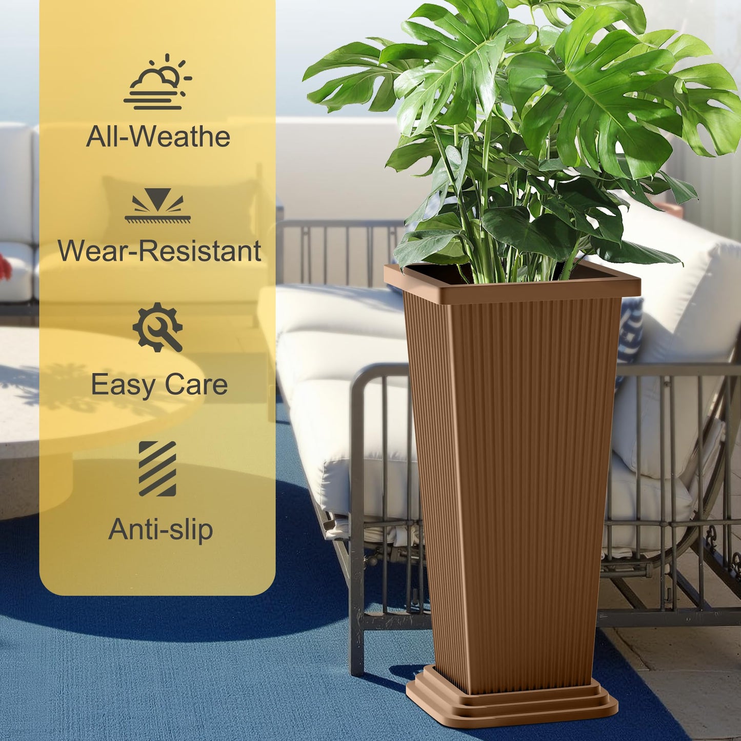 YESUNEED 24-Inch Tall Planters Set of 2 for Outdoor and Indoor Use,Tapered Flower Pots with Drainage Tray, Front Porch and Patio Decor,Ideal for Large Plants (Stripes-Brown)