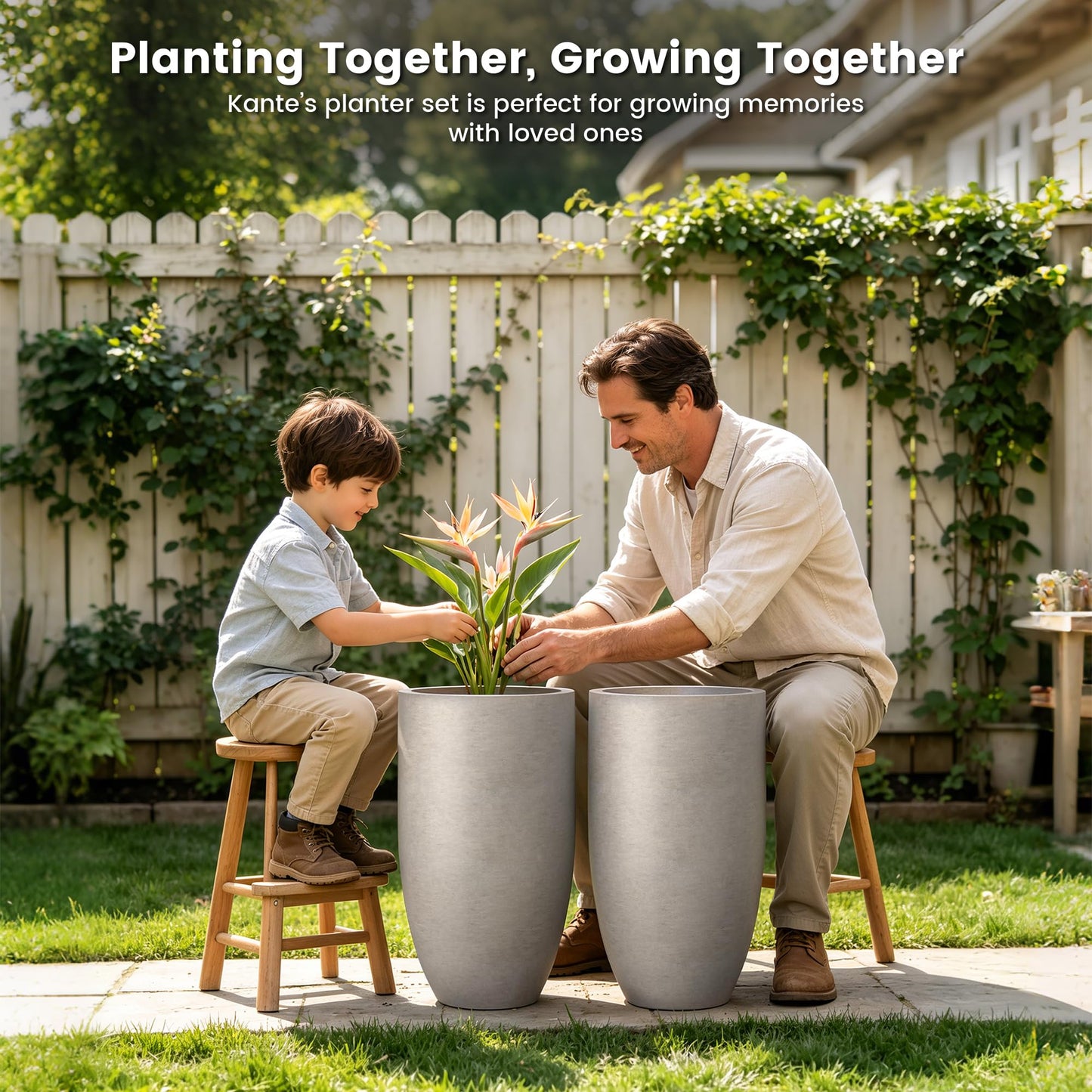 Kante 24" Tall Round Concrete Planter, 2 Pack Large Oval Plant Pots with Drainage Hole & Rubber Plug, Lightweight Weathered Concrete for Home Decor, Symmetrical Gift for Living Room Patio