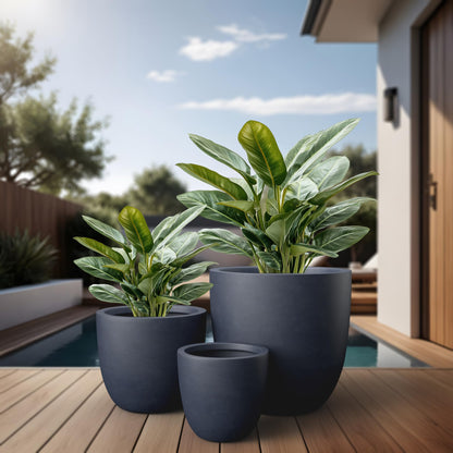 Kante Round Concrete Planter Set of 3, Large Outdoor Indoor Plant Pots with Drainage Hole, 10/14/18-Inch Diameter Flower Pots for Patio, Garden and Home, Charcoal