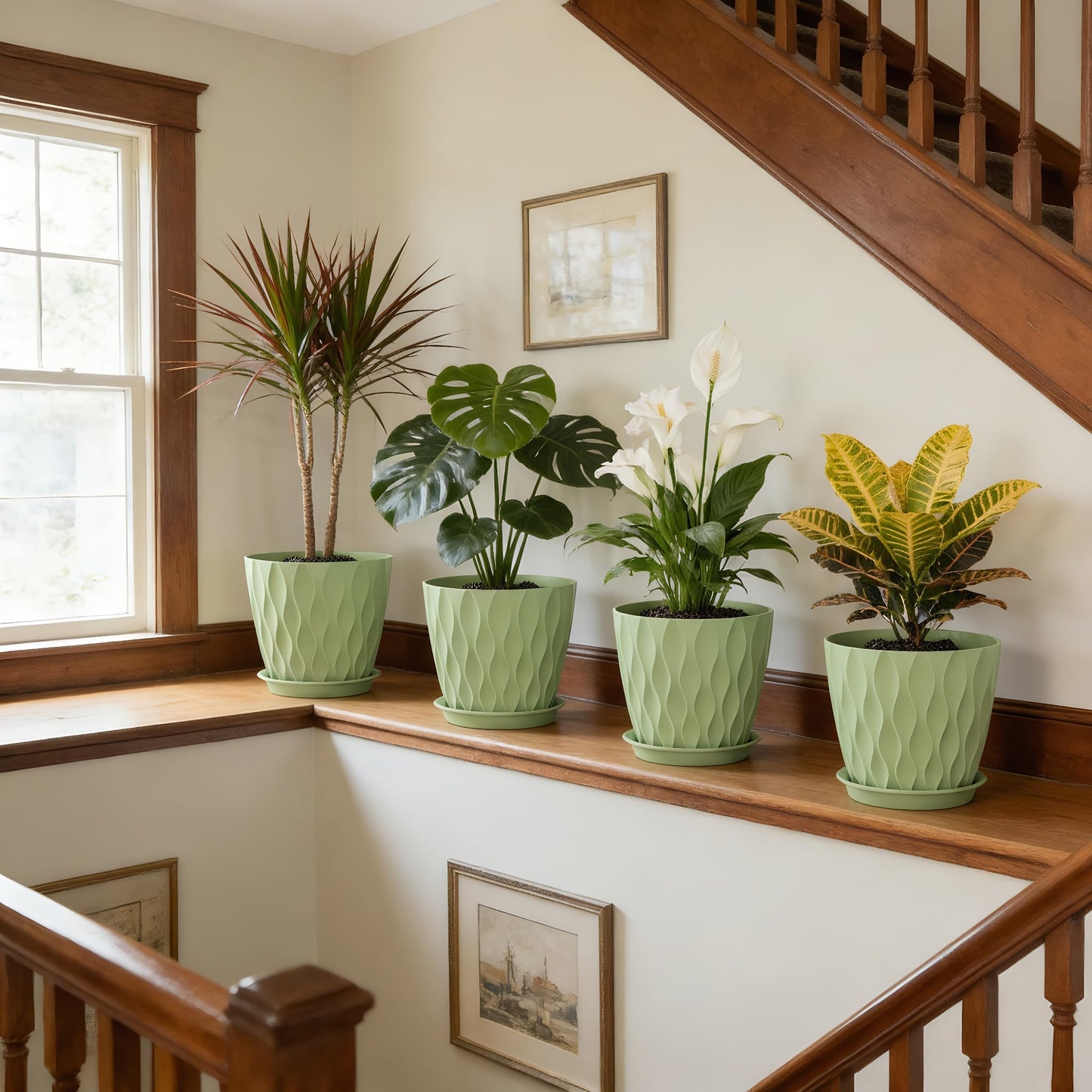 UOUZ 8 Inch Plant Pots, 4 Pack Plastic Planters for Indoor Outdoor with Drainage Holes & Saucers, Waffle Texture Flower Pots for Indoor Plants, Indoor Plant Pots for Monstera, Fiddle Leaf Fig, Green