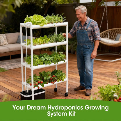 Hydroponics Growing System Kit with Wheels, 108 Plant Sites Gardening Aquaponics Tower, 4-Tier Food-Grade PVC-U Pipes Water Pump Timer for Leafy Vegetables, Indoor, Outdoor (34"x62"x15" in 108 Holes)