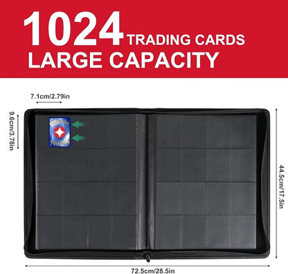 GEAoffice 16 Pocket Trading Card Binder for 1000+ Cards, Ringless Side-Loading 4x4 Card Binder with Zipper Closure, PU Leather 1024 Card Binder for MTG/TCG/Baseball/Sports&Game Cards, Red