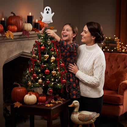 Gejoy 1 Set Halloween Miniature White Ghost Tree Topper Includes Spring Base 4 Inch Tree Ornaments Gift for Colleagues Neighbors Home Halloween Party DIY Decorations