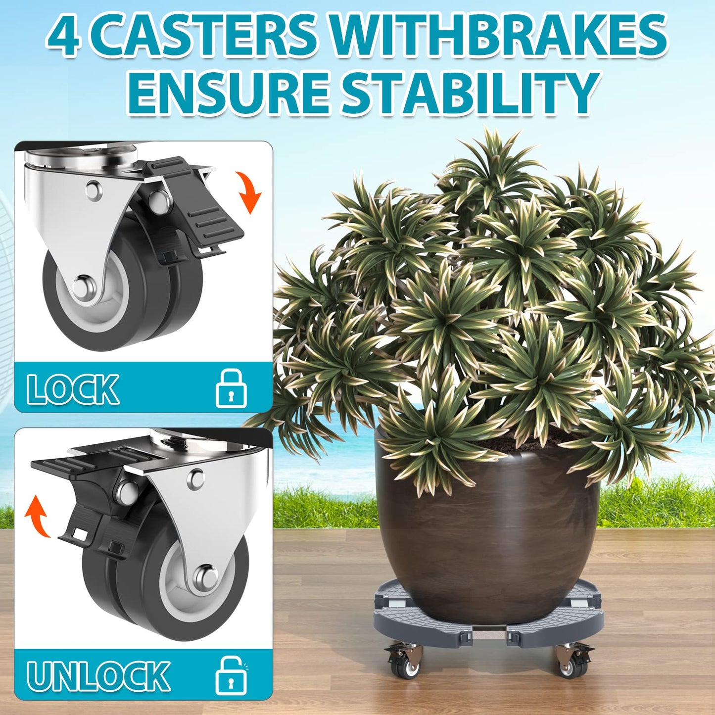 VANCASTLE Plant Caddy Plant Stand with Wheels, Heavy Duty Plant Roller Base 15-22 Inch Adjustable，Palnt Wheel Base 440 LBS, Large Potted Planter Cart Dolly for Flower Mover, Gray, 2 Pack