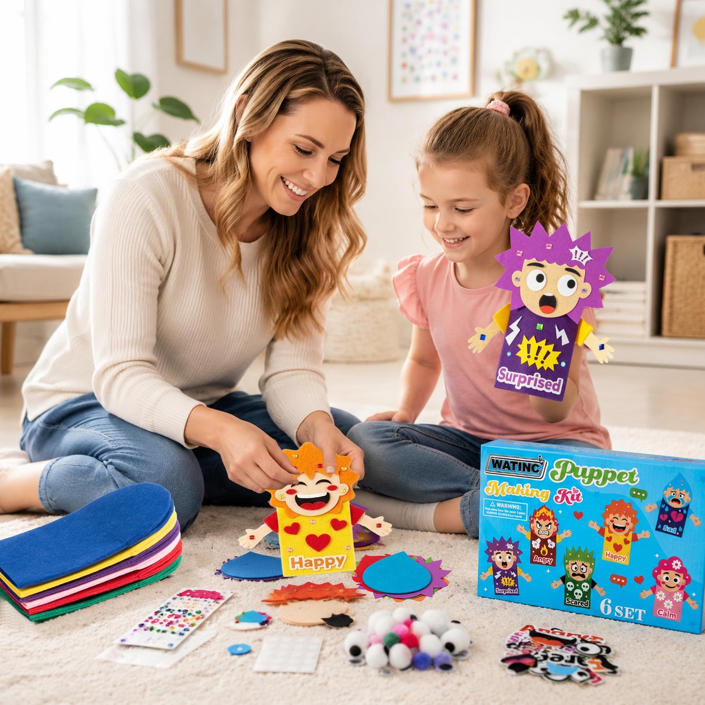 WATINC 6Pcs Hand Puppet Making Kit, Art Craft Felt Sock Puppet Toys, Creative DIY Make Your Own Pompoms Wiggle Googly Eyes Storytelling Role Play Party Supplies Calming Corner Items Kids (Emotion)