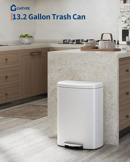 GarveeHome Stainless Steel Kitchen Trash Can, 13 Gal / 50 L Step-On Garbage Bin with Soft Close Lid, Large Rustproof Metal Trash Can for Kitchen, White