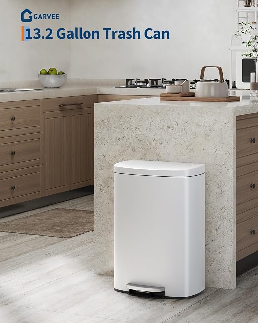 Garvee 13 gal (50 L) and 2.6 gal (10 L) Metal Trash Can Combo Set, Rustproof Garbage Can with Lid, Step-on Trash Bin with Inner Bucket, Rear Handle, White
