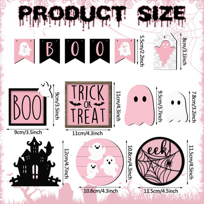 Umigy 15 Pcs Halloween Tiered Tray Decor Set Cute Ghost Tray Decorations Boo Halloween Wooden Signs Farmhouse Rustic Decoration for Home Table Party Supplies(Pink Ghost)
