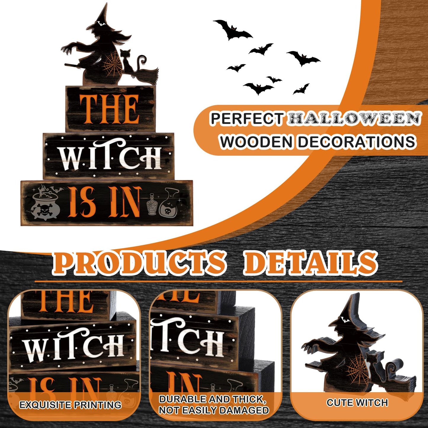4 Pcs Halloween Table Decor Witch Black Cat Wooden Sign Halloween Tiered Tray Decor Farmhouse Witch Tabletop Centerpiece Rustic Brew Wooden Block Signs for Home Office Kitchen Shelf