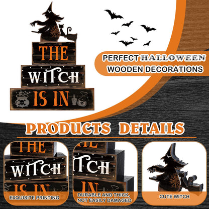 4 Pcs Halloween Table Decor Witch Black Cat Wooden Sign Halloween Tiered Tray Decor Farmhouse Witch Tabletop Centerpiece Rustic Brew Wooden Block Signs for Home Office Kitchen Shelf