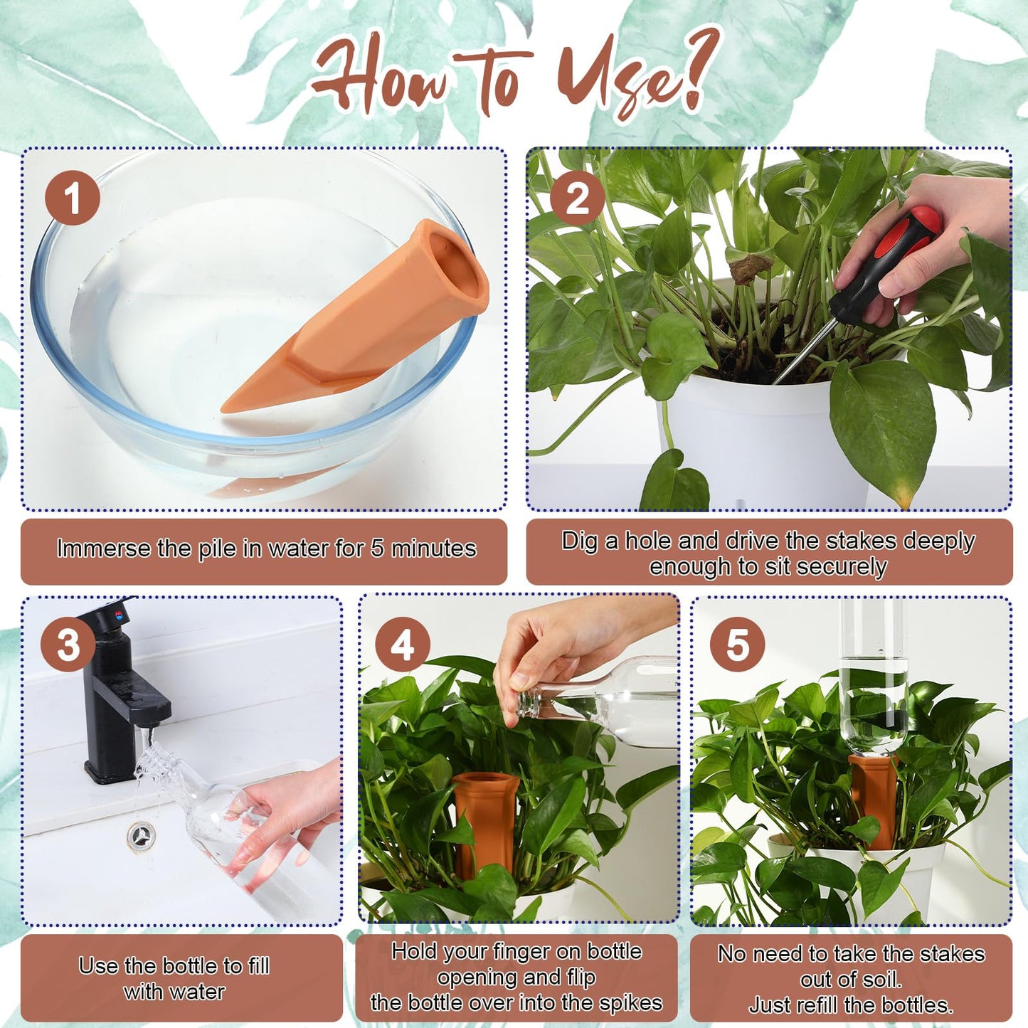 SiliFine 6 Sets Plant Watering Devices Include Terracotta Self Watering Spikes and 26 oz Plastic Bottles, Slow Release Vacation Insert Automatic Plant Waterer Device (Clear Green and Terracotta)