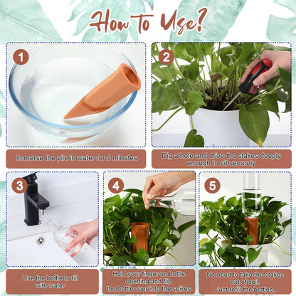 SiliFine 6 Sets Plant Watering Devices Include Terracotta Self Watering Spikes and 26 oz Plastic Bottles, Slow Release Vacation Insert Automatic Plant Waterer Device (Clear Green and Terracotta)