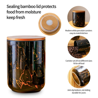 Tenforie Ceramic Canister Set with Bamboo Airtight Lids, 3-Piece Kitchen Storage Jars (48oz, 30oz, 12oz) – Black with Gold Marble Pattern, Glossy Finish, for Coffee, Sugar, Flour & More