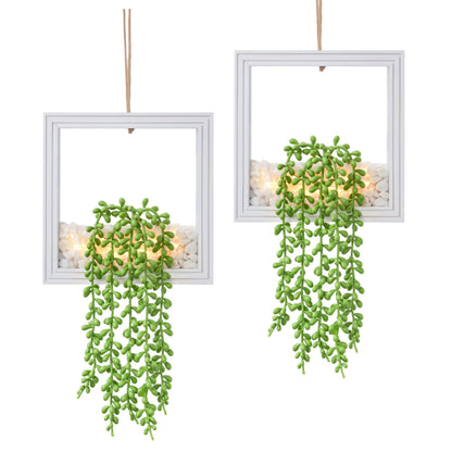 FancyPlus 2 Pack Fake Plants Hanging, Artificial Succulents Plants in Square Wooden Frame with LED Lights, Boho Wall Decor for Office Living Room Bathroom Bedroom Kitchen Indoor Outdoor, White