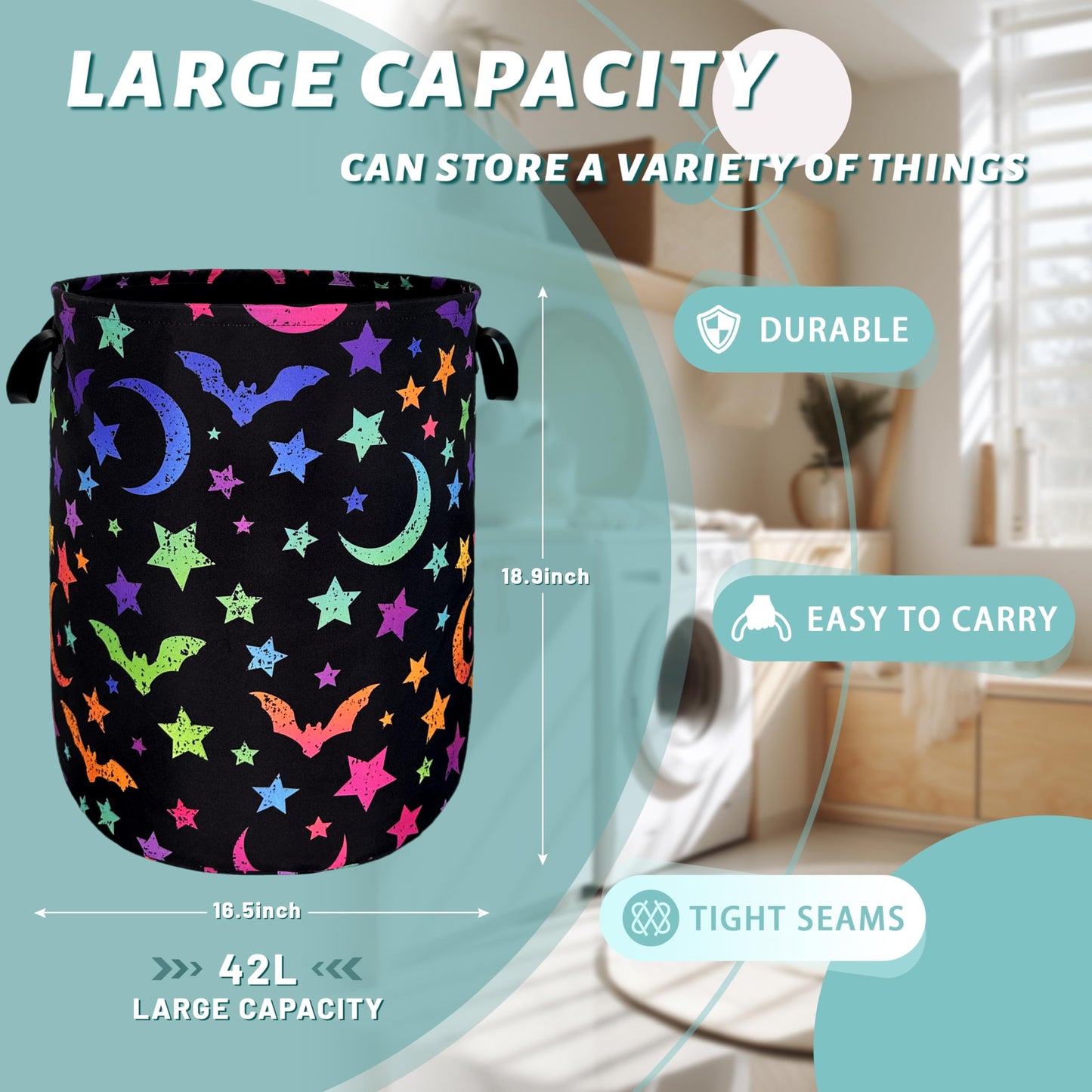 Colorful Bats Laundry Hamper Moon Stars Laundry Basket With Handles Foldable Oxford Cloth Goth Style Funny Tote Bag Clothes Toy Storage Bucket 18.9" x 16.5" For Bathroom/Laundry/Bedroom