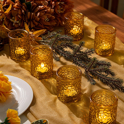 24-Piece Amber Glass Votive Candle Holders Set – Tealight Candle Holder Glass Bulk with 12 Round & 12 Hammered Textured Cups, Amber Votive Candle Holders for Weddings, Parties, Home