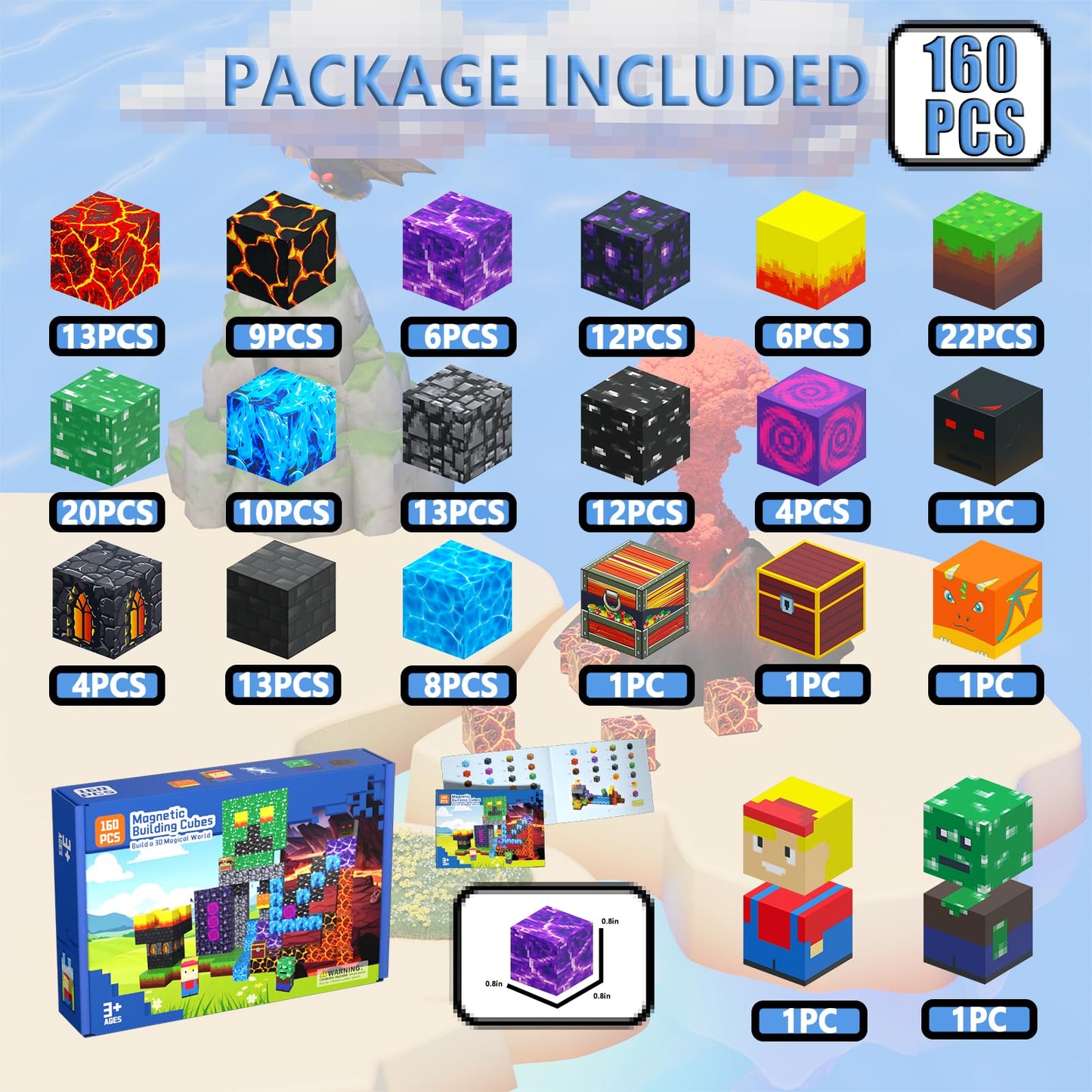 160PCS Magnetic Blocks, Magnet Building Cube, Build 3D Volcano Adventure Set, Montessori Sensory Toys for Kids Ages 3+, Preschool STEM Educational Toys, Christmas Birthday Gifts for Boys & Girls