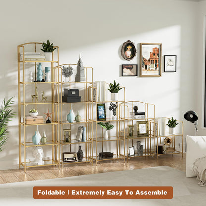 Crofy No Assembly Folding Bookshelf for Living Room, 5 Tier Gold Collapsible Book Shelf for Home Office, Portable Bookcase Storage Organizer