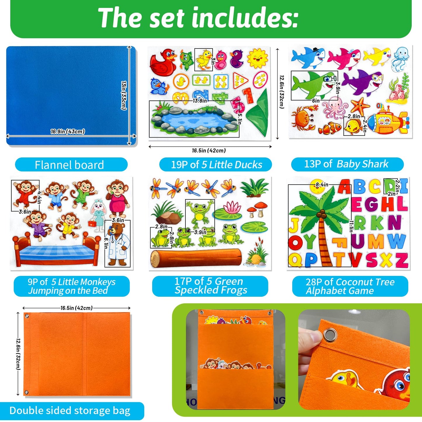 5 Set Felt Board Stories Pieces for Toddlers，1 Flannel Board With 5 Little Ducks,5 Little Monkeys Jumping on The Bed,5 Green Speckled Frogs,Baby Shark,26 letters for Preschool Learning Activities