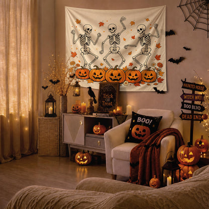 YTRG Fall Halloween Skeleton Tapestry, Gothic Halloween Tapestries Wall Hanging for Bedroom, Funny Dancing Skeleton Fall Pumpkin Tapestry Wall Decor Backdrop for Living Room Home, 50x60 Inch