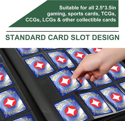 GEAoffice 16 Pocket Trading Card Binder for 1000+ Cards, Ringless Side-Loading 4x4 Card Binder with Zipper Closure, PU Leather 1024 Card Binder for MTG/TCG/Baseball/Sports&Game Cards, Green