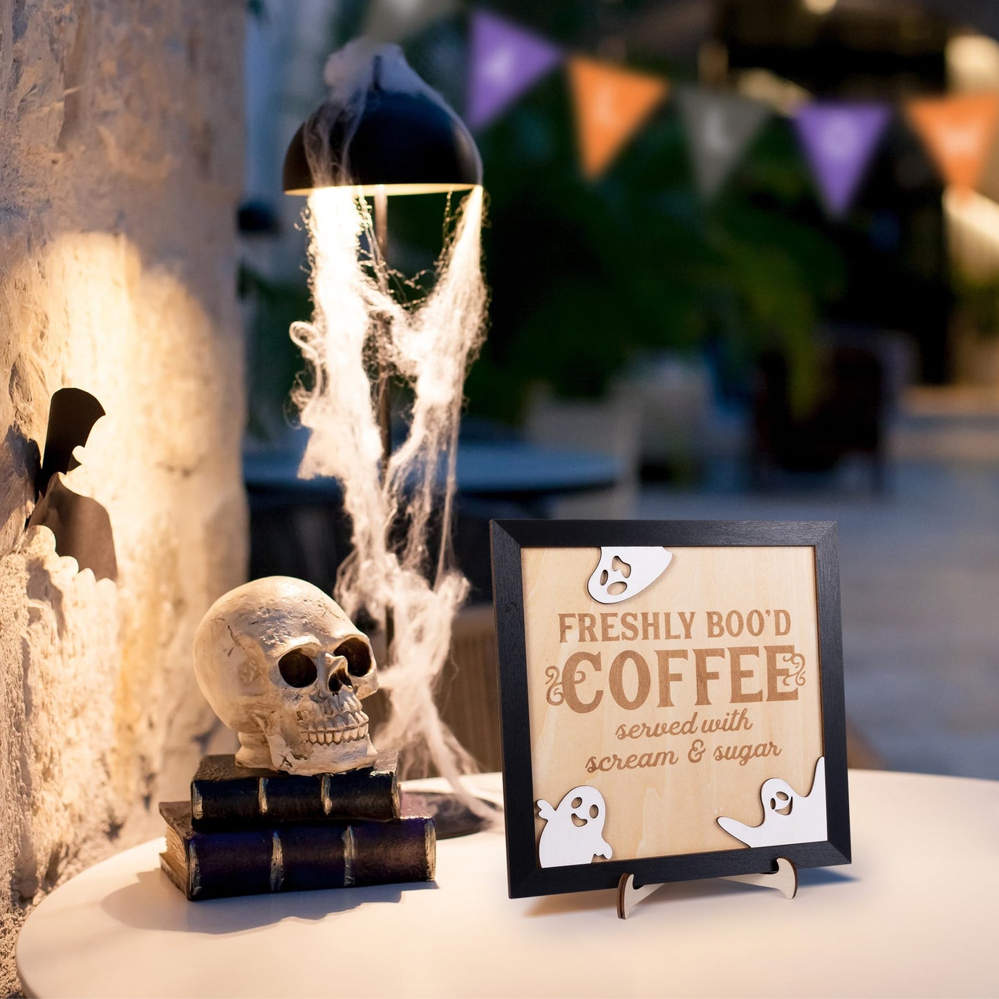 FRESHLY BOO’D COFFEE Halloween Signs with Stand, Funny Halloween Coffee Bar Decorations, Wooden Halloween Kitchen Decor Accessories, Cute Coffee Bar Wood Sign, Halloween Retro Home Decor Room Indoor Stuff