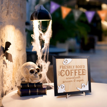 FRESHLY BOO’D COFFEE Halloween Signs with Stand, Funny Halloween Coffee Bar Decorations, Wooden Halloween Kitchen Decor Accessories, Cute Coffee Bar Wood Sign, Halloween Retro Home Decor Room Indoor Stuff