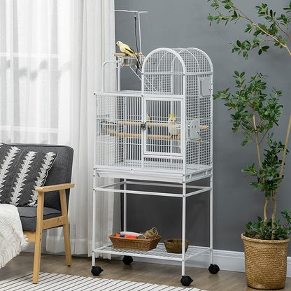 PawHut 55" Large Parrot Cage with Toy Hooks Above Top Bird Perch, Tray, Food Cups, Rolling Stand, Bird Cage for Cockatiels, Parakeets, Lovebirds