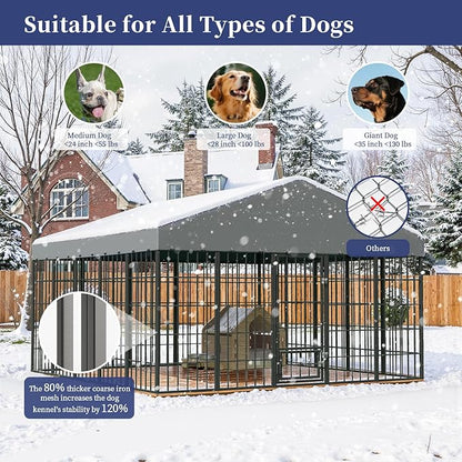 Gotland Dog Kennel Outdoor 10 x10 x6 FT, Dog Cage Outdoor for Medium/Large Dogs with Feeding Door Waterproof Roof Double Secure Locks Ground Spikes, All Weather Heavy Duty Dog Enclosure for Backyard