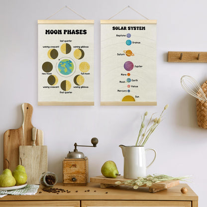TLESKE Classroom Moon Phases Solar System Space Poster Hanger Frame Set of 2, Homeschool Hanging Wall Art Room Decor for Toddlers Kid Nursery Playroom, Preschool Prek Learning Educational Print, 16x24