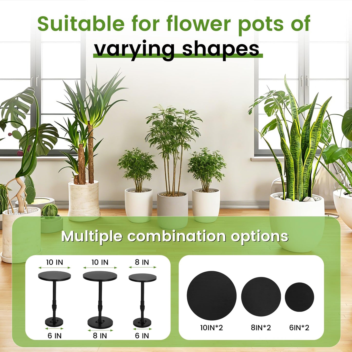 Topfurn Adjustable Height Plant Risers for Pots Indoor & Outdoor 2 PCS , 12-21" Height, 6/8/10" Base - Iron Rise Plant Fillers Risers for Tall, Square, Round, Tapered Planters