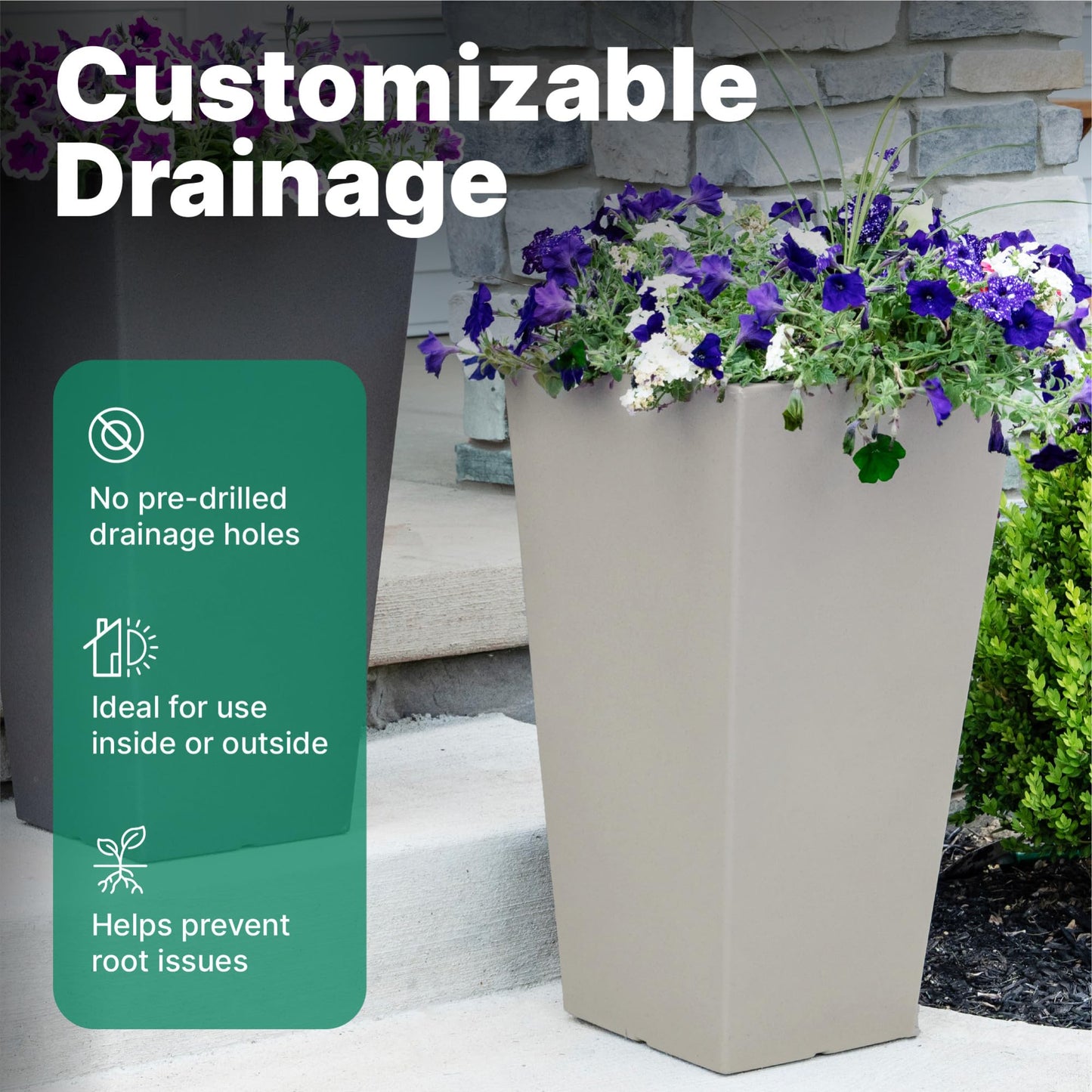 Step2 Tremont Tall Square Tapered Planter, 28", Indoor/Outdoor Plants, Efficient Drainage, Durable Resin, Concrete