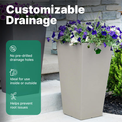 Step2 Tremont Tall Square Tapered Planter, 28", Indoor/Outdoor Plants, Efficient Drainage, Durable Resin, Concrete